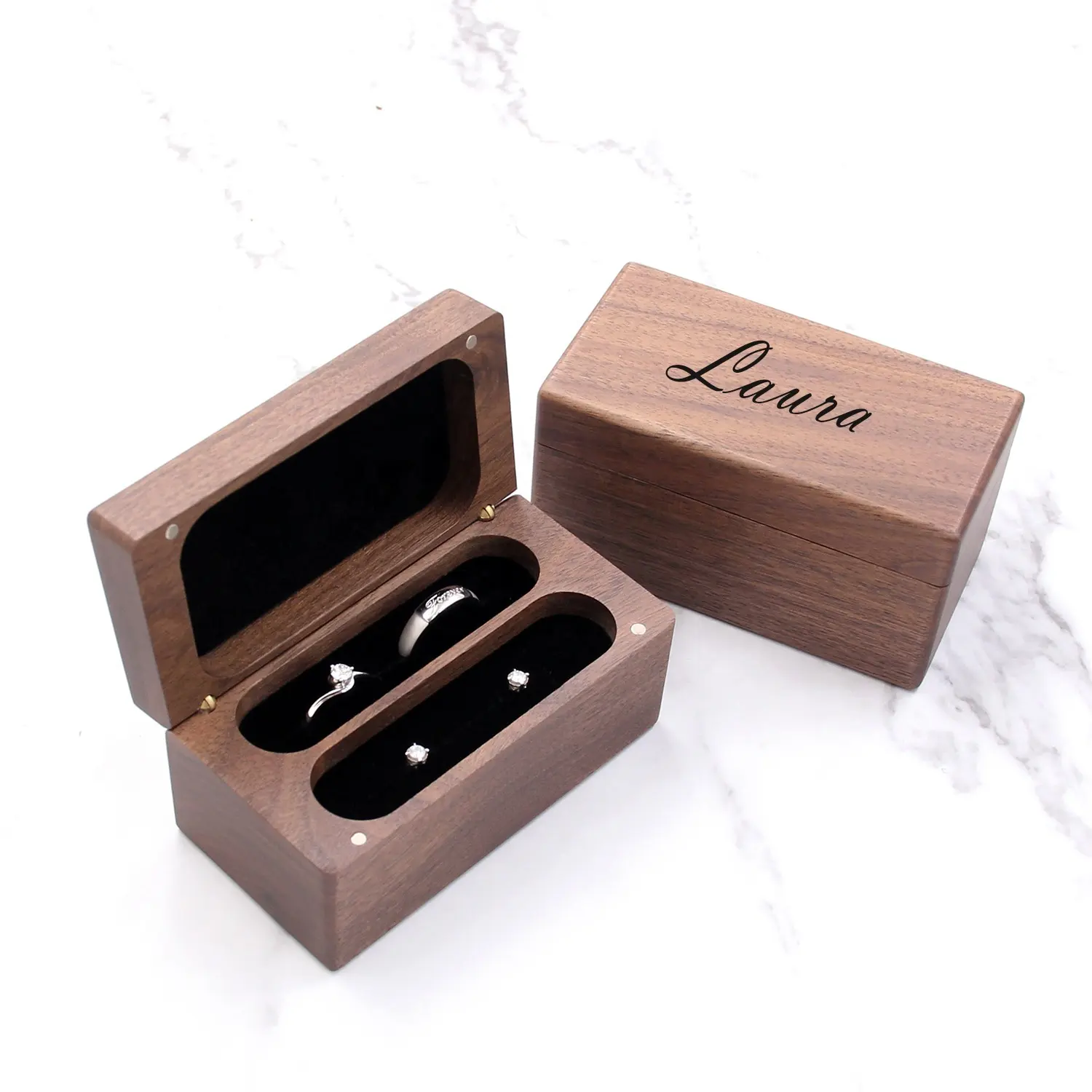 Caja de almacenamiento de anillo de madera de nogal para 2-4 anillos caja de portador de anillo caja de joyería de madera
