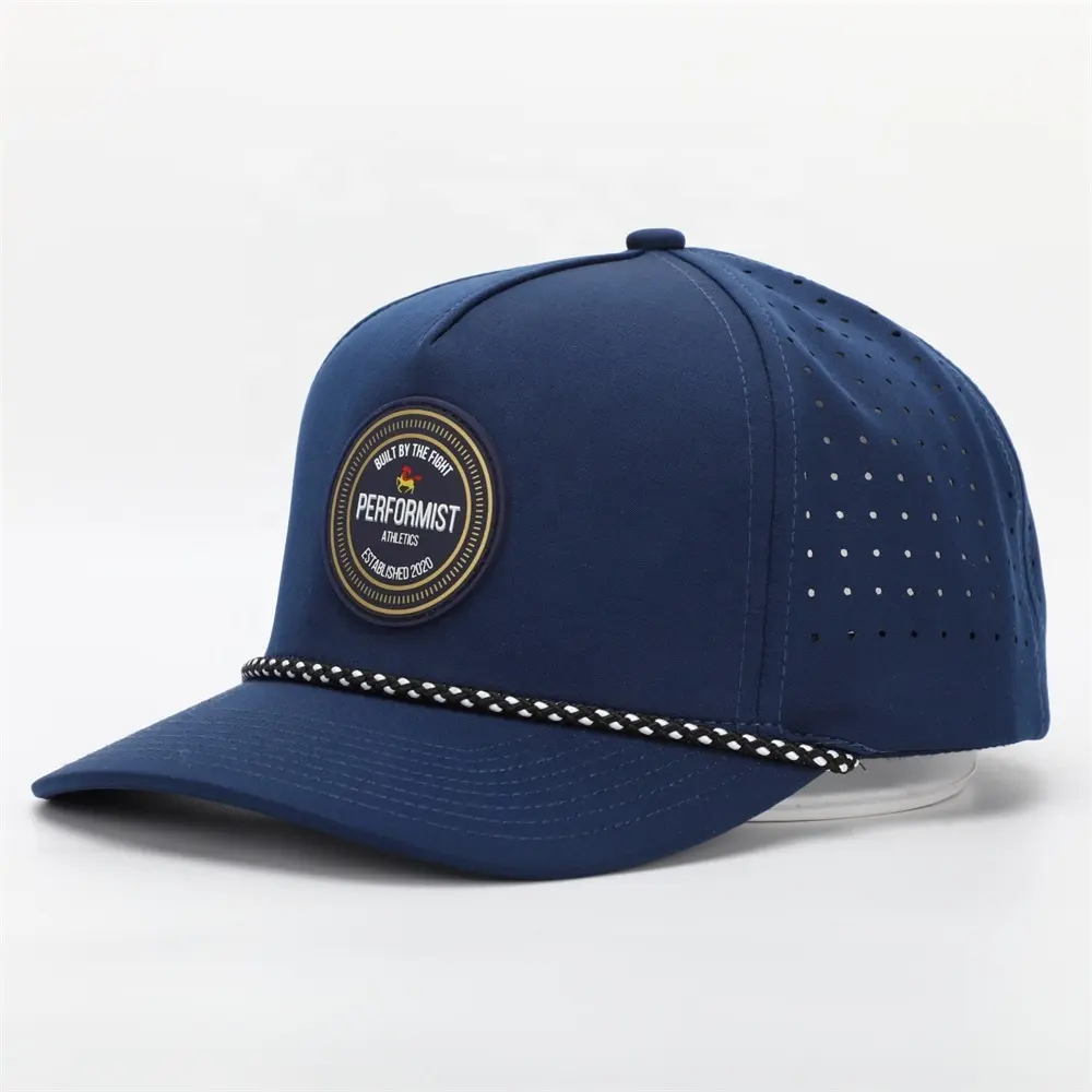 Berretto da Baseball in corda con Logo in Pvc personalizzato a 5 pannelli all'ingrosso, cappello perforato con foro tagliato al Laser impermeabile, cappello da papà sportivo da prestazione