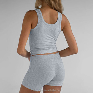 Biểu Tượng Tùy Chỉnh Chất Lượng Cao Mùa Hè Phòng Chờ Mặc Đặt Gấp Trên Quần Short 2 Mảnh Bộ Bông Gân Tank Top Và Quần Short Set Cho Phụ Nữ - Product Image 5