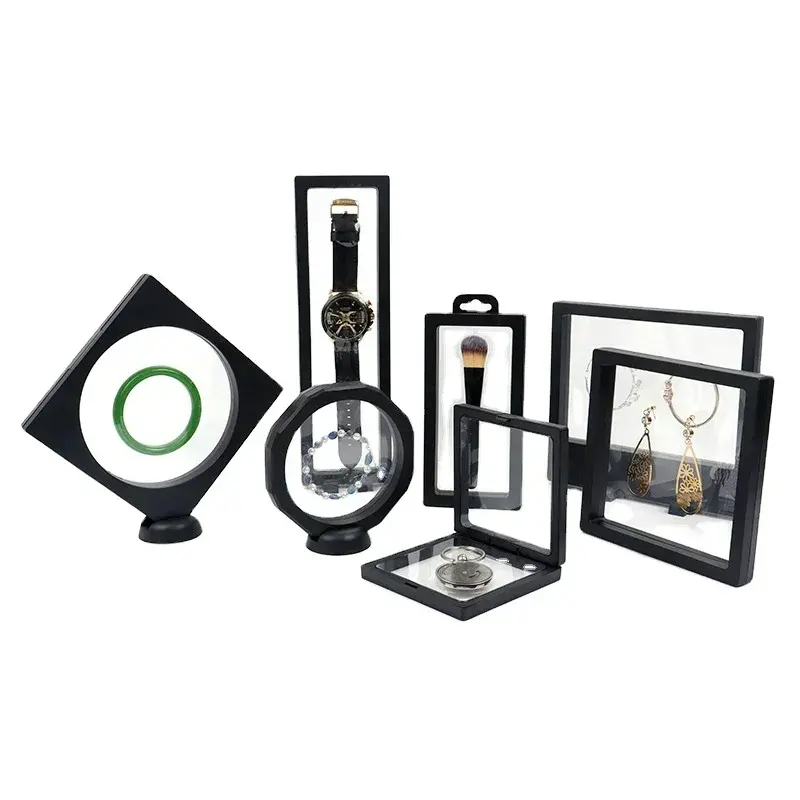 Transparente PE Filme Embalagem Caso Thin Suspension Frame Display Box 3D Floating Plastic Jewelry Display Box