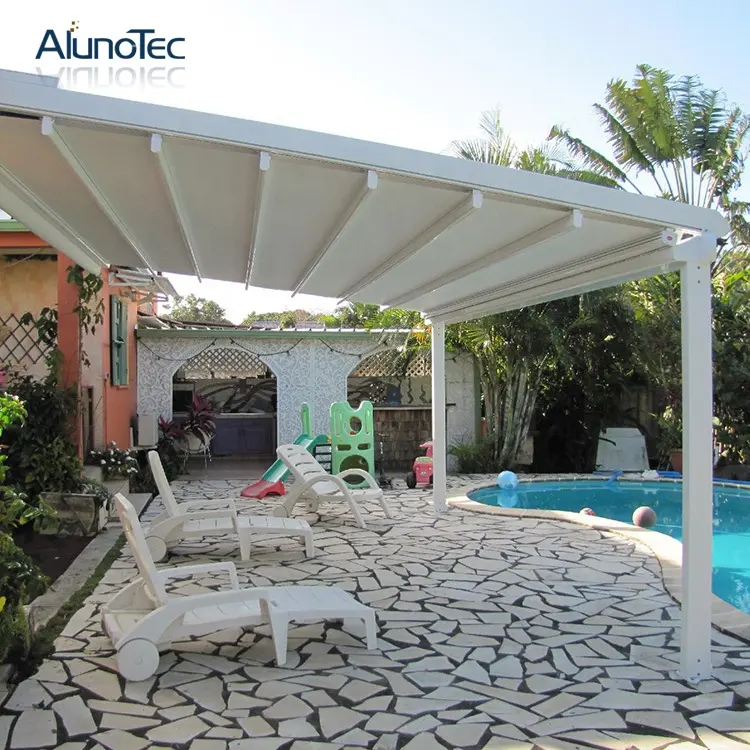 AlunoTec Nhôm Retractable Mái Pergola Sinh Khí Hậu Kim Loại Gazebo Cơ Giới Canopy Mái Hiên