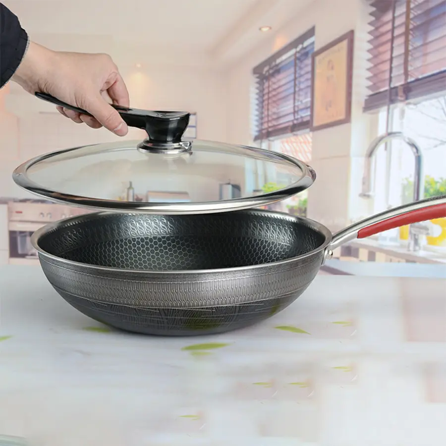 Padella wok cinese all'ingrosso di alta qualità 316 acciaio inossidabile grande a nido d'ape