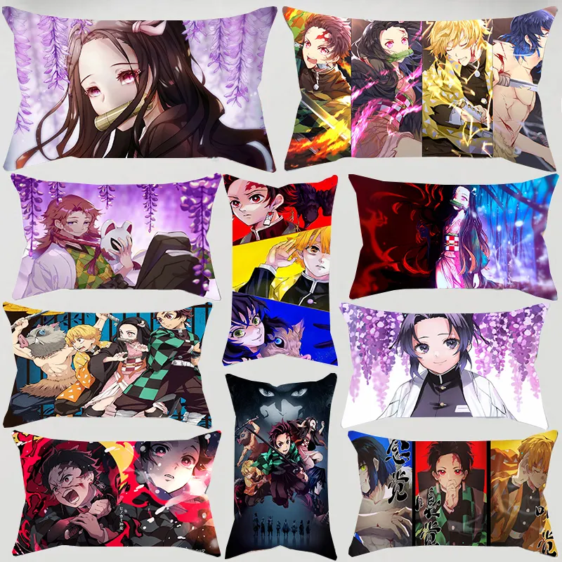 Funda de almohada de poliéster con estampado de Anime japonés Demon Slayer, personajes de dibujos animados de Zenitsu Nezuko Kimetsu No Yaiba