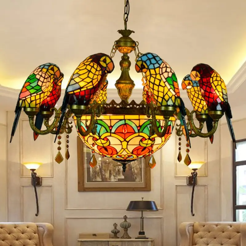 Jpungsun phong cách cổ điển ánh sáng mặt dây chuyền cho phòng khách phòng ăn nhà hàng kính chim Tiffany kính màu đèn chùm