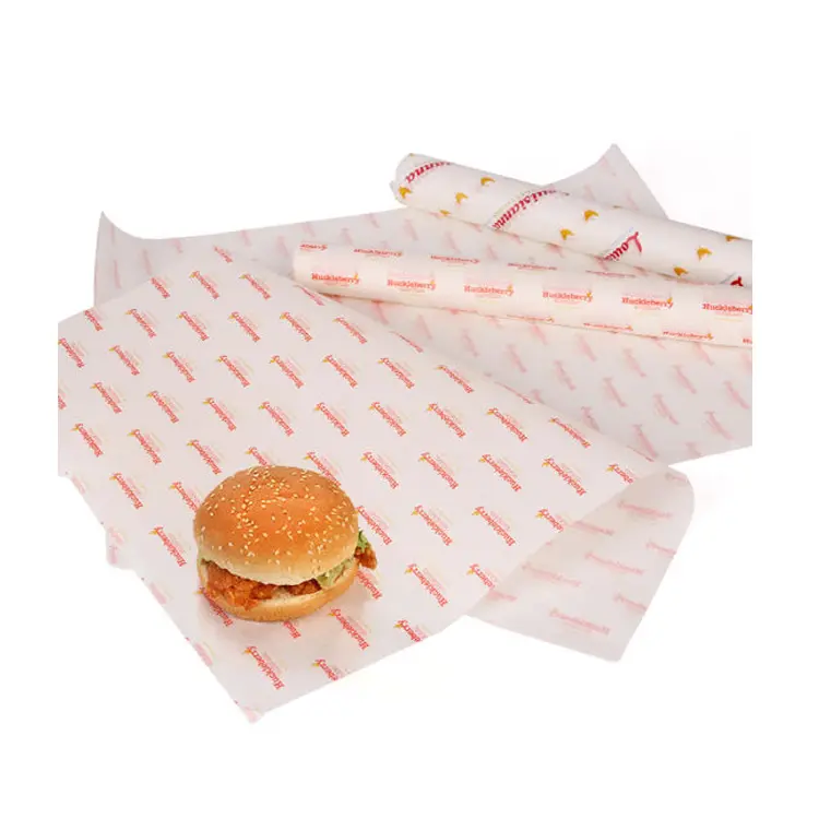 Embalaje de comida rápida, papel de cera de diseño libre de hamburguesa, envoltura de impresión personalizada de grado alimenticio, 40gsm, para embalaje de alimentos para carne