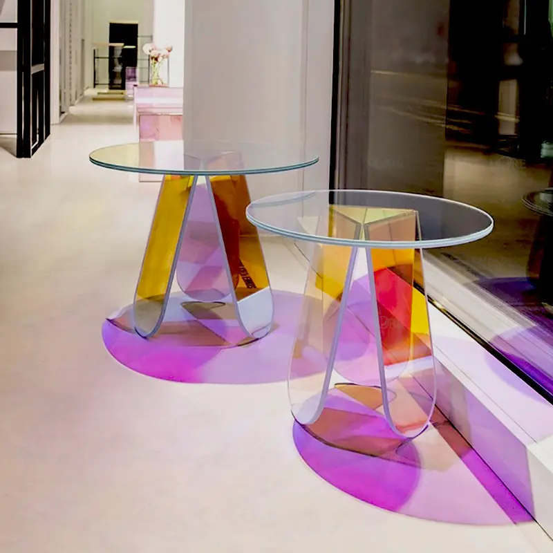 Custom Side Lucite Color Iridescent Large Living Room Furniture Stand Colored Round Coffee Clear Acrylic Tables
