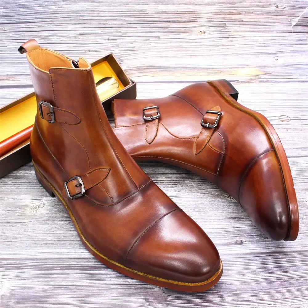 Mode pointu Chelsea bottes hommes bottines fait à la main en cuir véritable haut bottes courtes chaussures habillées pour hommes