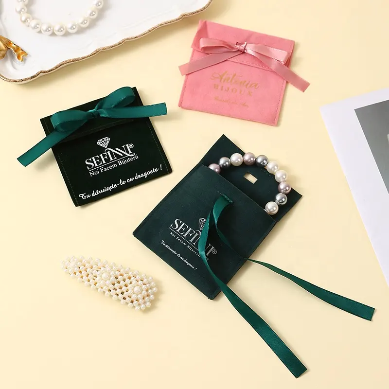 2023 A1 Newest Luxury Design Custom Logo Printed Small Envelope Flap Suede Jewelry Bag Velvet Pouches With Bow-knot