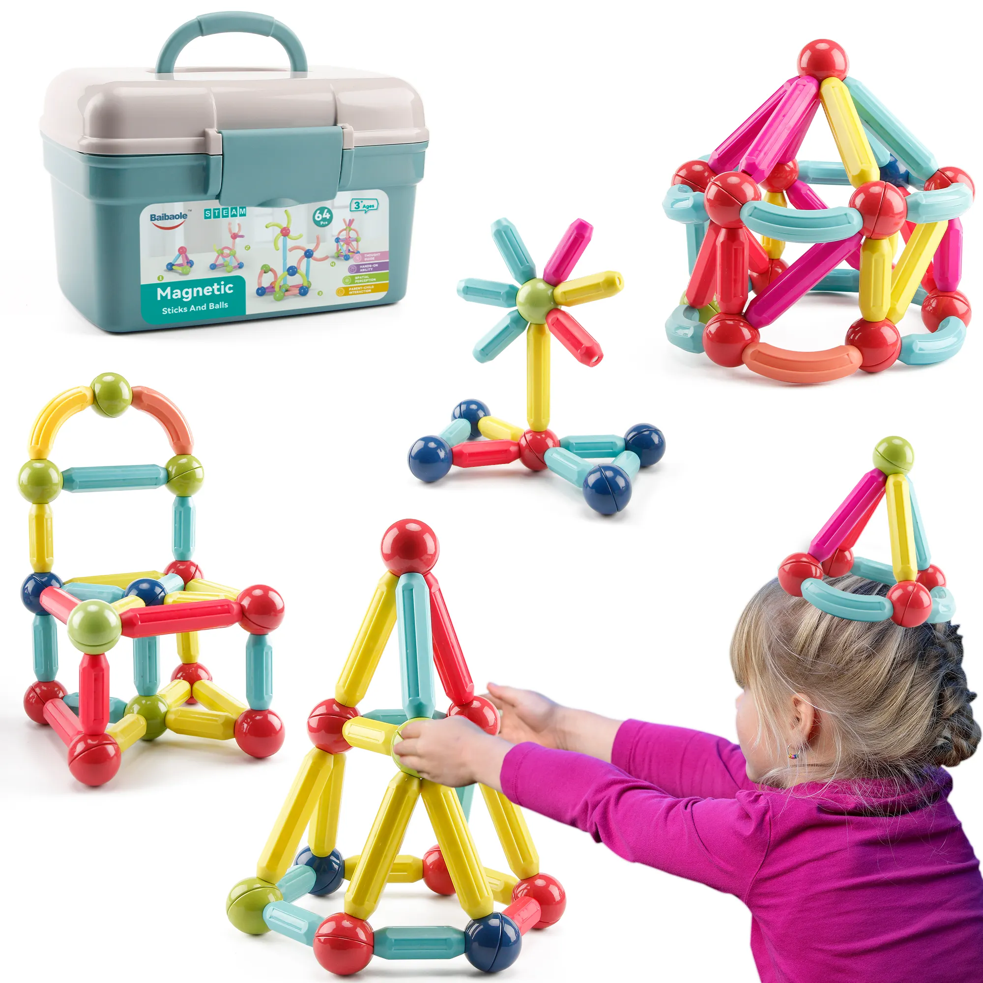 Conjunto de brinquedos infantis montessori, flexível conectar diy, haste educacional, 64 peças, varas e bolas 3d, blocos magnéticos para crianças