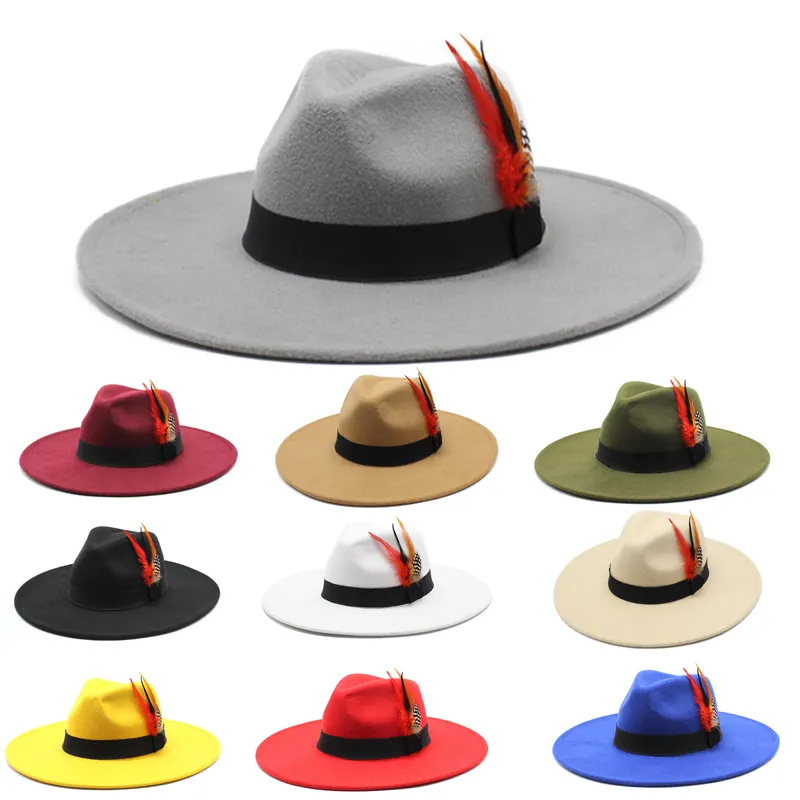 Sombreros Fedora Unisex de 9,5 Cm, accesorios de plumas, bandas de ala ancha, Cinta Negra, venta al por mayor