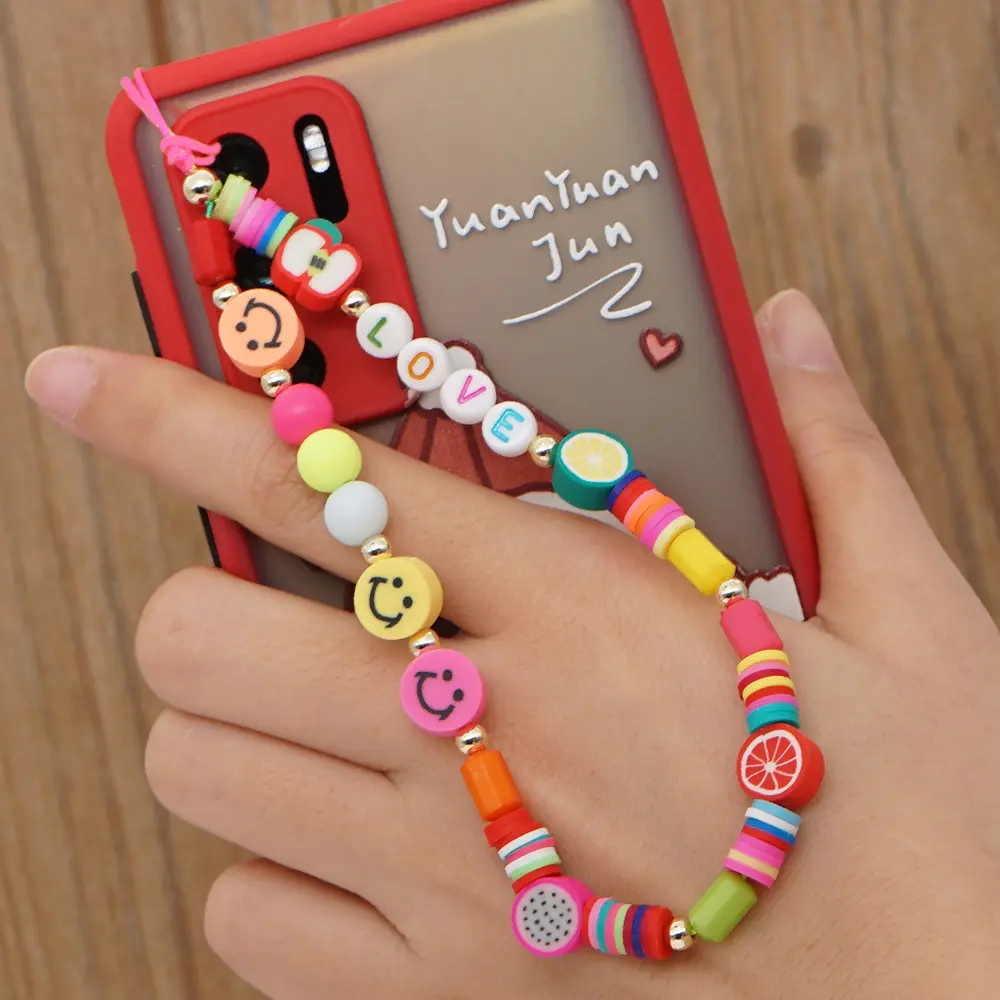 Lettere d'amore braccialetto a catena per telefono all'ingrosso braccialetto colorato fatto a mano con ciondolo per telefono cordino con perline catena per telefono con perline di alta qualità