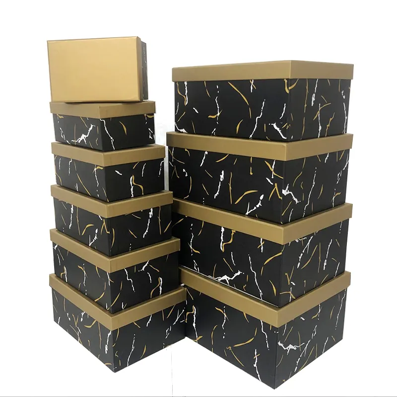 New Style Large Fancy Square Art Paper Black Gold Marble Design Printing 10Pc Luxury Men Birthday Box Gift Set