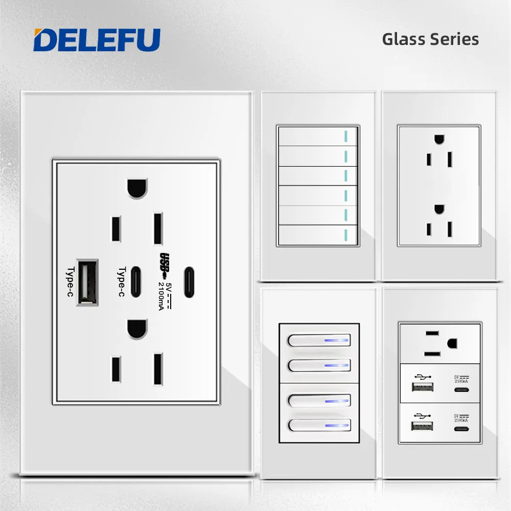 DELEFU Vidrio templado blanco USb Tipo C Salida estándar de EE. UU. México América Enchufe 118*72 Toma de corriente de pared Interruptor de luz Carga rápida