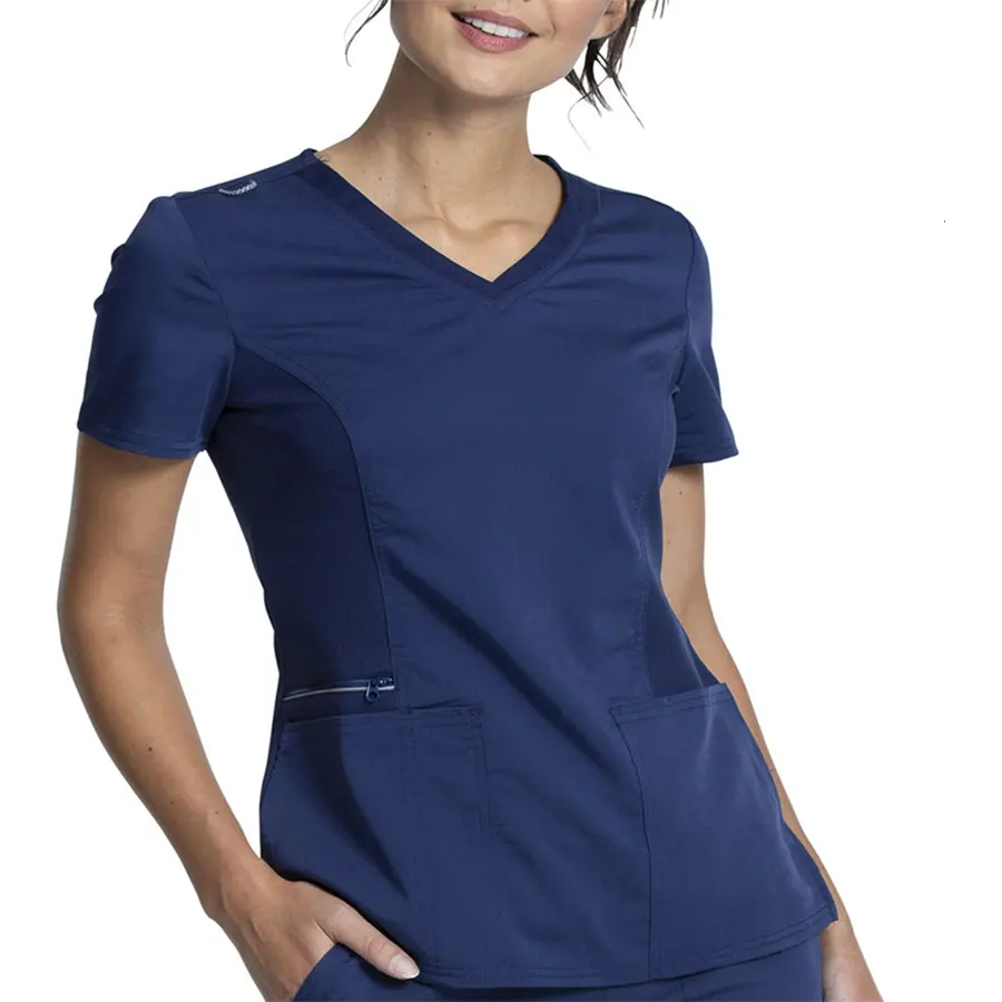 Logo Printed High Quality Ladies Hospital Uniforms Women Nursing Scrubs Top Nurse Assistant T-shirts Woven Medical Uniforms