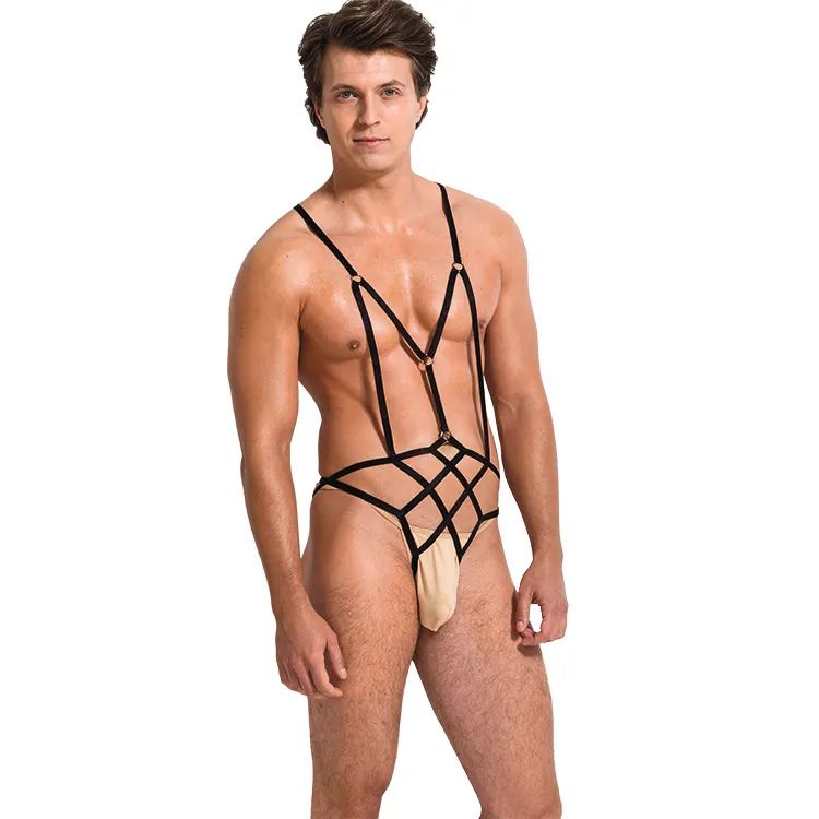 Sunspice novo design atacado moda preto sexual stretch fita gaiola teddy com pele G-string roupa interior sexy para homens