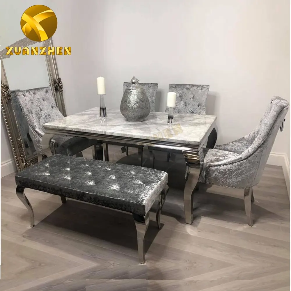 Foshan fabbrica di mobili di vendita calda nel REGNO UNITO grigio piano in marmo tavolo da pranzo set moderna tavoli da pranzo con panca sedie DT002