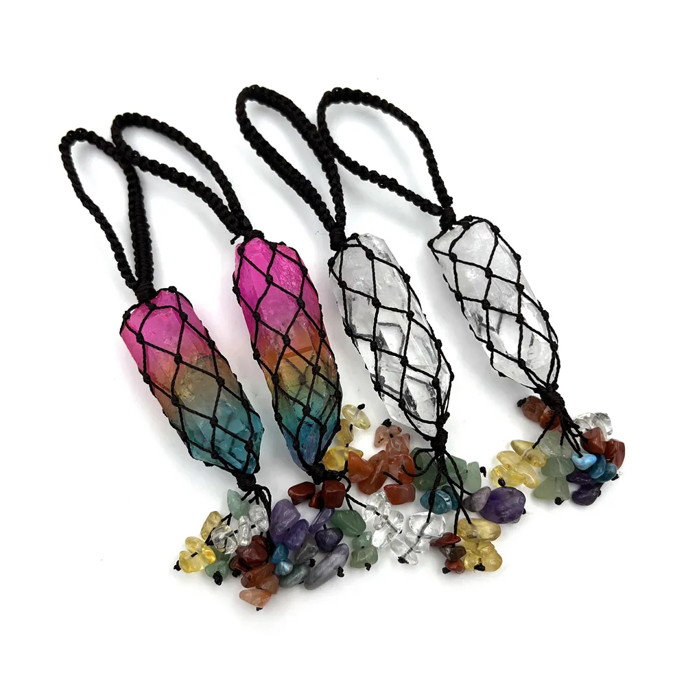 Wholesale Natural Rainbow Aura Quartz Clear Crystals Healing Point Stone Seven Chakra Pendants Hand Woven Tassel Car Hanging