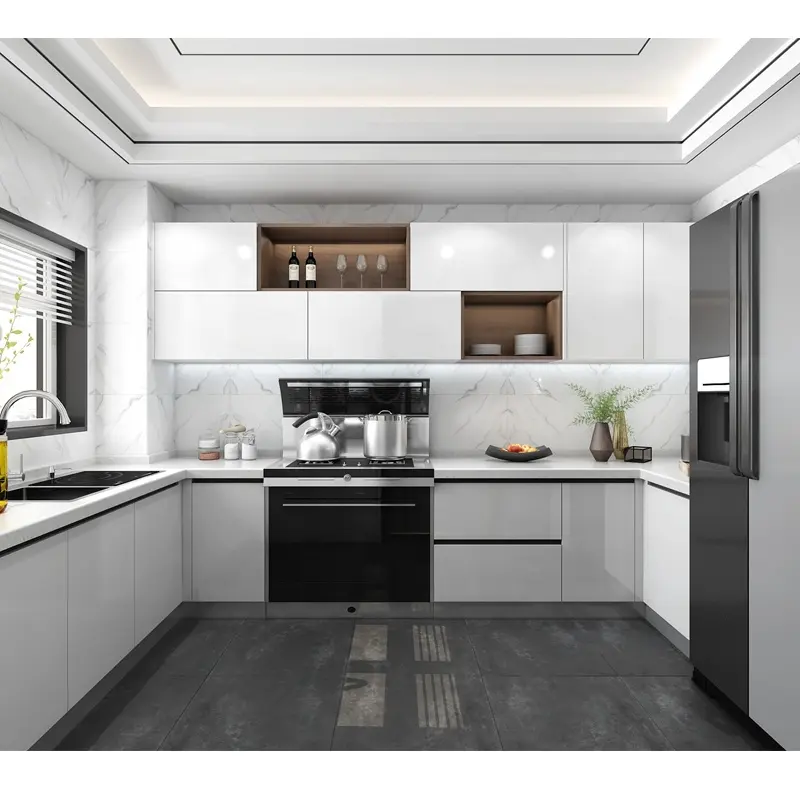 Armario de cocina de estilo europeo, Alacena Modular, sin manos, color blanco y brillante