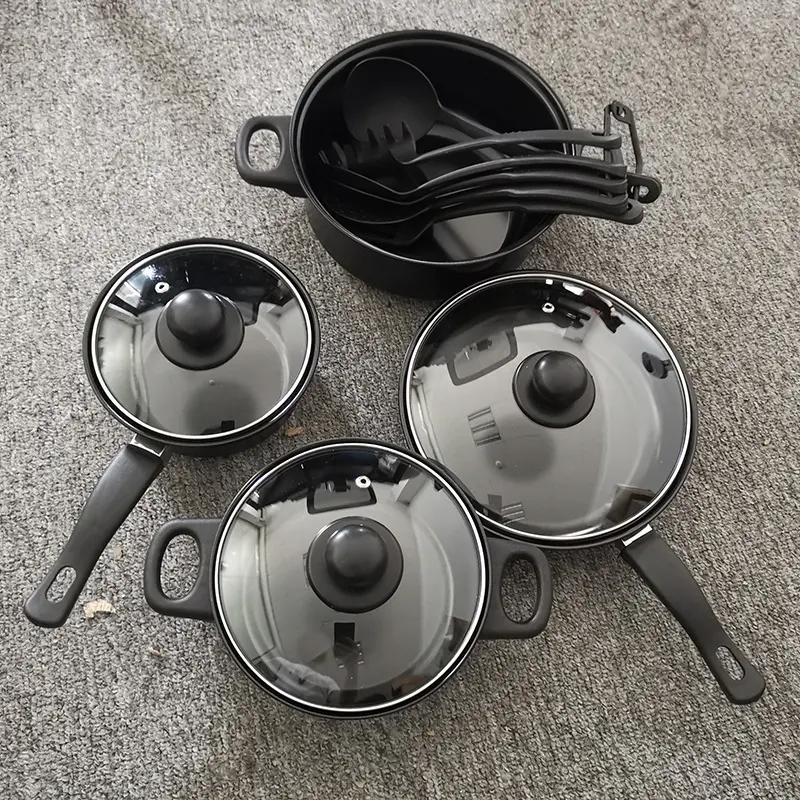 Set penggorengan besi halus, 13 buah set panci memasak peralatan masak anti lengket panci sup dengan tutup sendok tidur