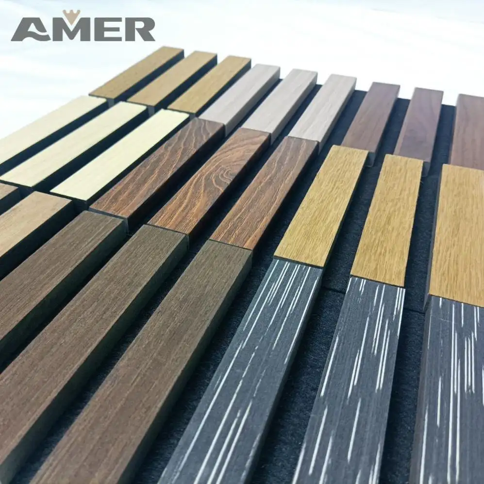 Amer modelo 3D diseño insonorización sonido absorber Material Mdf Pet Board paneles de pared de listón de madera acústica