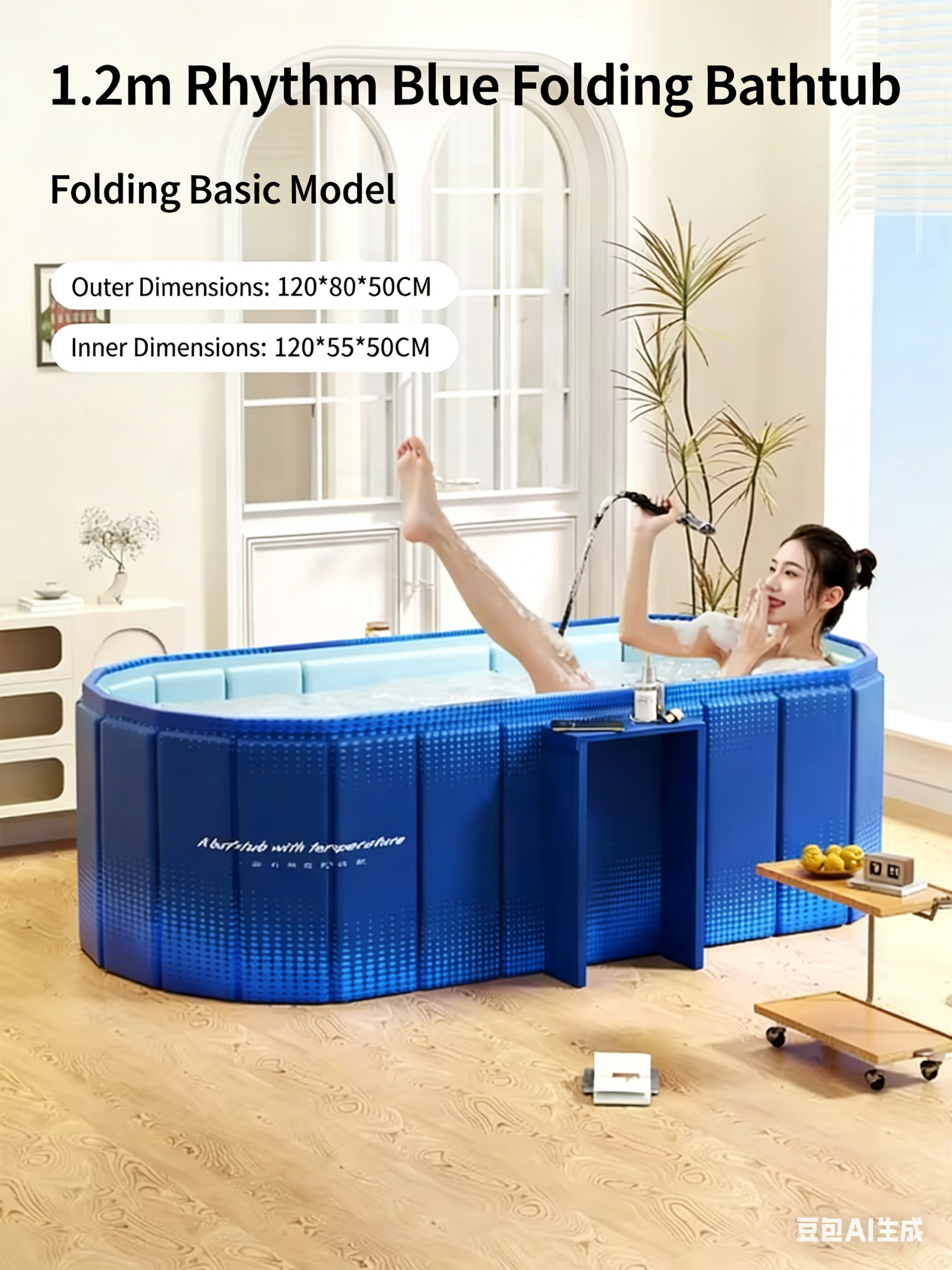 Baignoire pliante bleu rythme de 1,2 m avec étagère de rangement intégrée