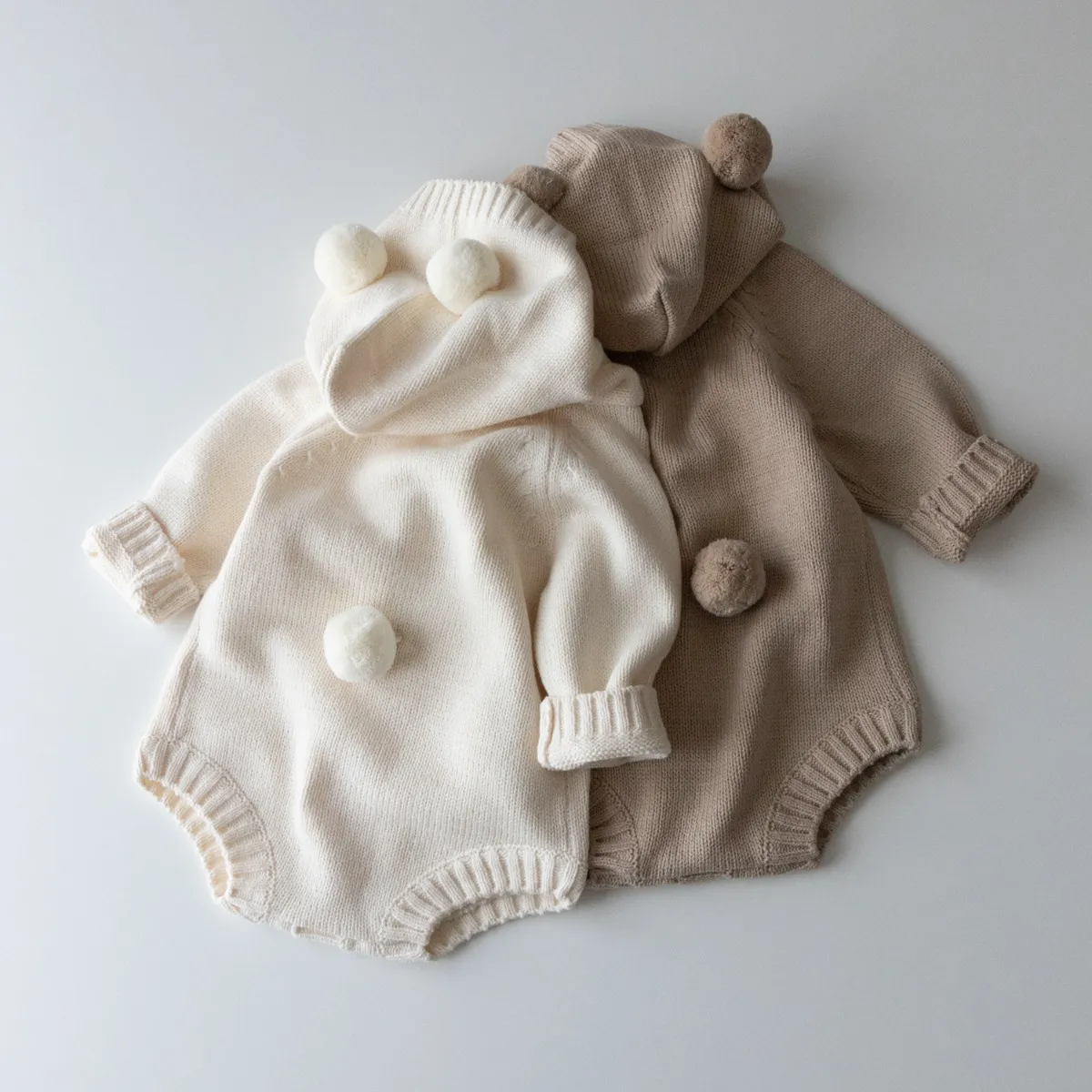 Stok hızlı teslimat bebek kız erkek çocuk kazağı Romper örme genel kapüşonlu tulum sevimli sıcak giysi uzun kollu örgü kazak
