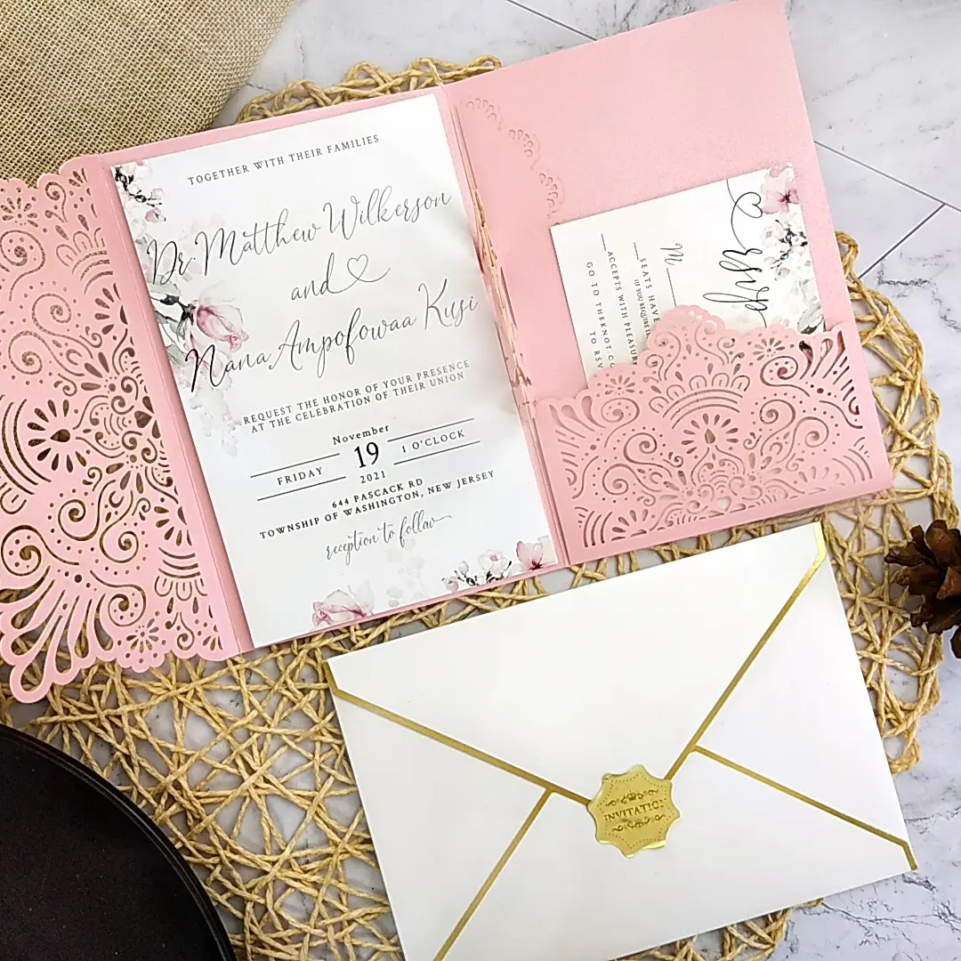 Design novo alta qualidade luxo laser corte pop up casamento convites cartão com envelope