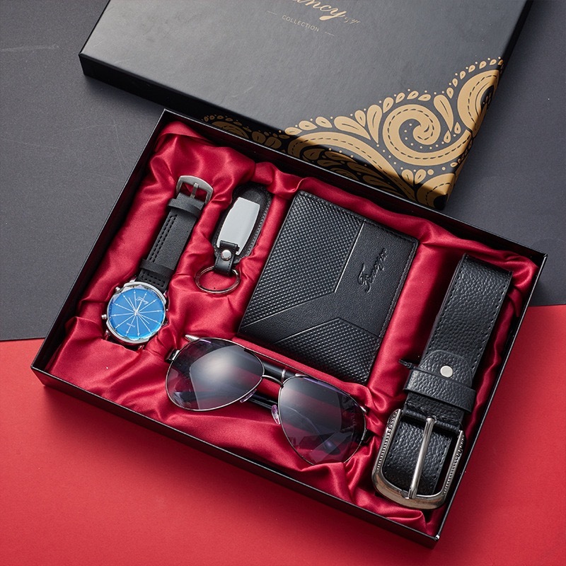 Black (quartz watch + sunglasses + leather belt + wallet + pen)