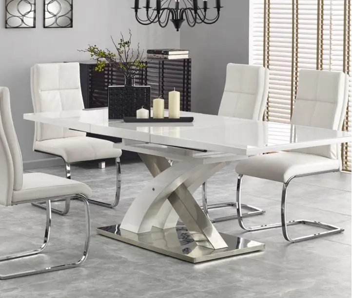 Table à manger en MDF avec base en métal, extension de papillon, table à manger haute brillance, meubles de salle à manger