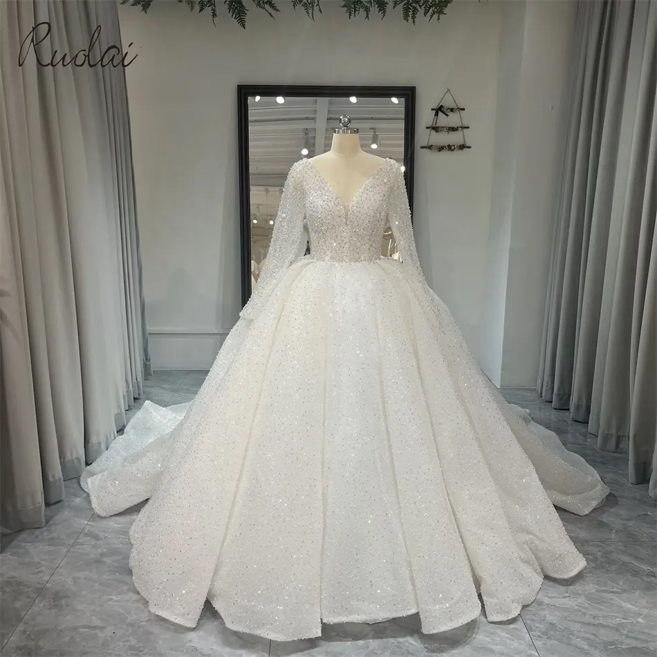 Ruolai ZW00195 New Style V-neck Long Sleeves Ball Gown Bridal Dress Beaded and Sequined Wedding Dress Gown