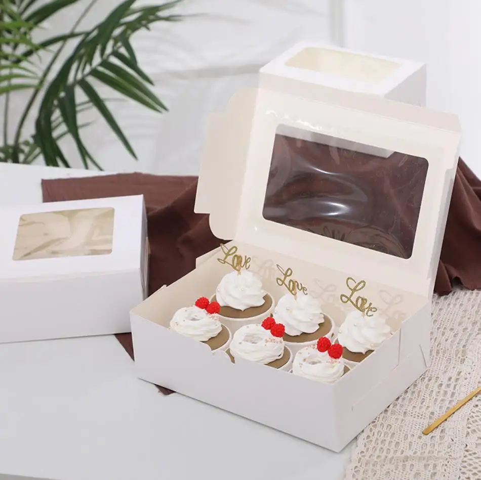 Kotak Makanan Penutup Kertas Kraft Cokelat Putih Jendela Kustom Pabrik Visual Kotak Cupcake 2 4 6 12 Kotak Kue Rak Cupcake