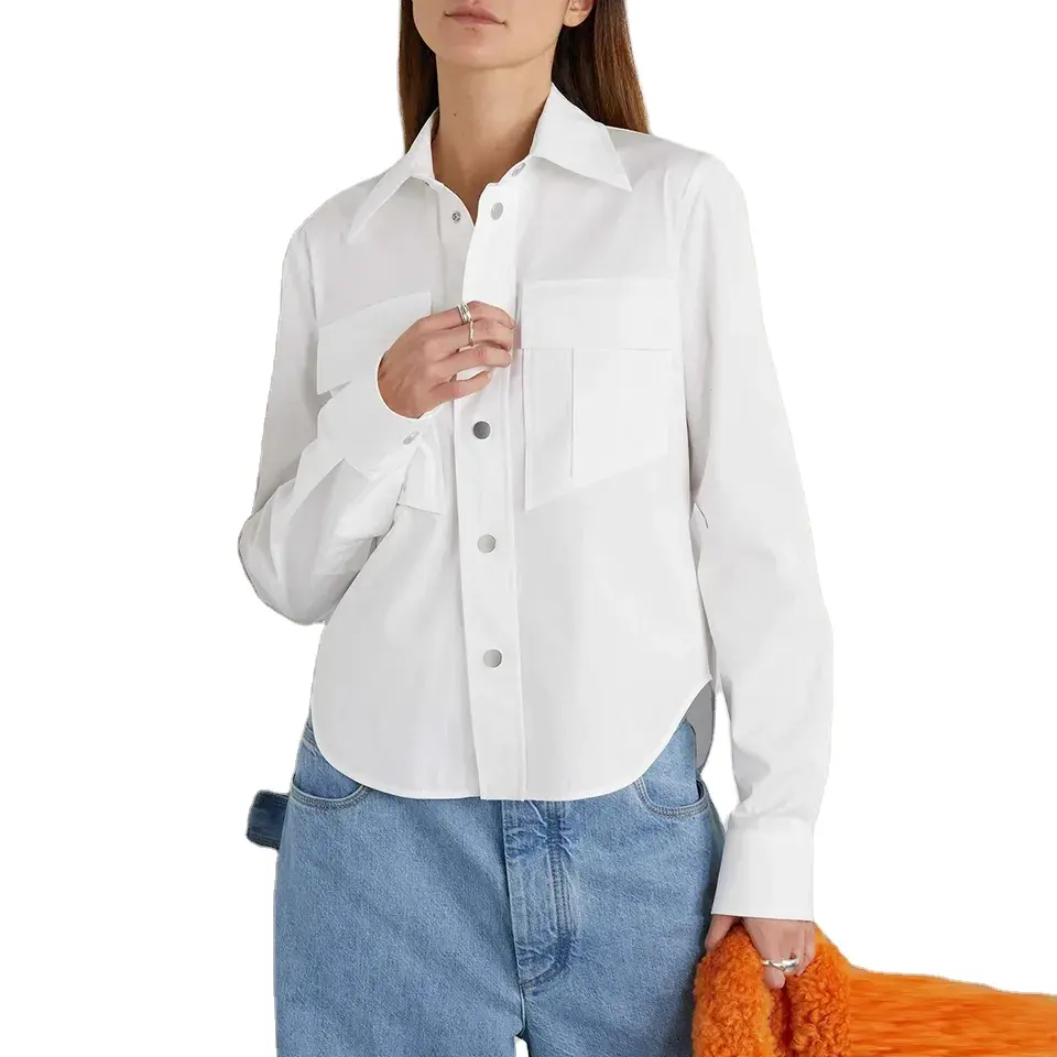 Blusa de escritório lisa para mulheres, blusa branca com bolsos frontais e mangas compridas personalizada para primavera, novidade por atacado