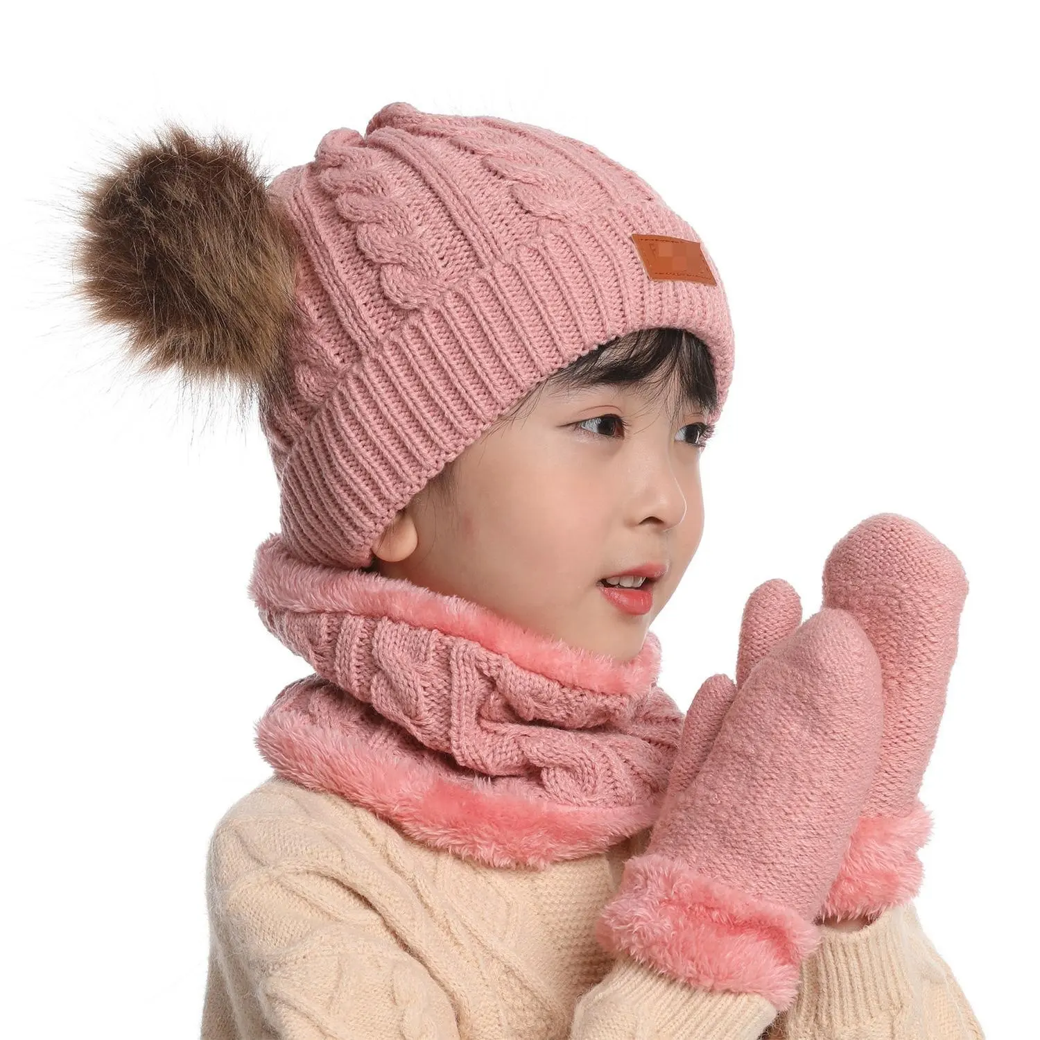 Conjunto de luvas e chapéu de inverno para meninos e meninas, gorro quente de malha infantil e gargantilha, gorro de Pom quente e adorável