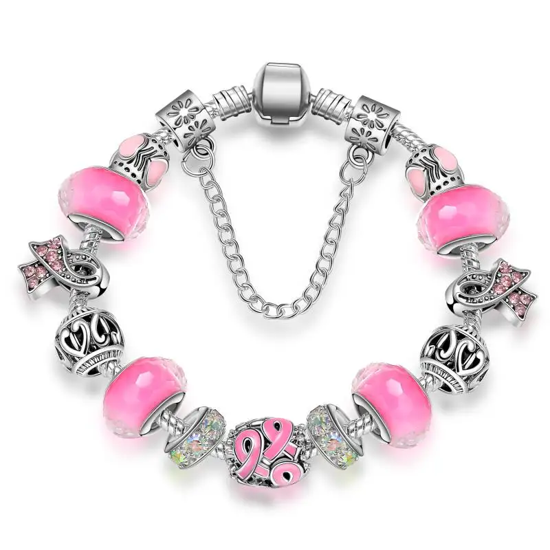 New Antique Silver Beaded bracelets women Murano Glass Bead Crystal Breast Cancer Awareness Pink Ribbon Charms Bracelet