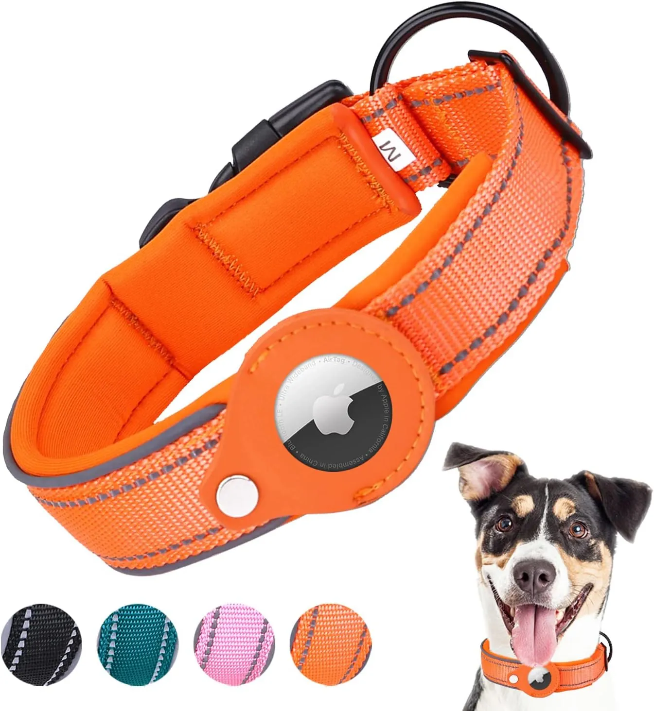 Reflective Padded Heavy Duty Dog Collar for Airtag and GPS Tracking Collar