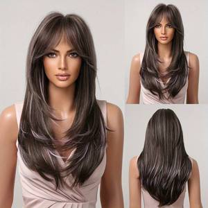 Factory Cheap 24 Inch Long Straight Layered Hair Wigs Synthetic Hair Replacement Wigs With <strong>Bangs</strong> for Daily Use for Women - Product Image 6