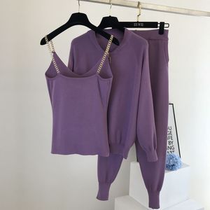 10% 女拉链针织羊毛衫 + 裤子套装 + 背心女时尚套头衫长裤3PCS服装套装