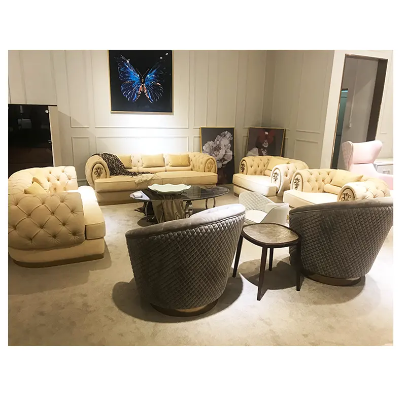 Muebles de gama alta de visión nair chesterfield, conjunto de sofá de lujo italiano y beige, de cuero genuino, para sala de estar