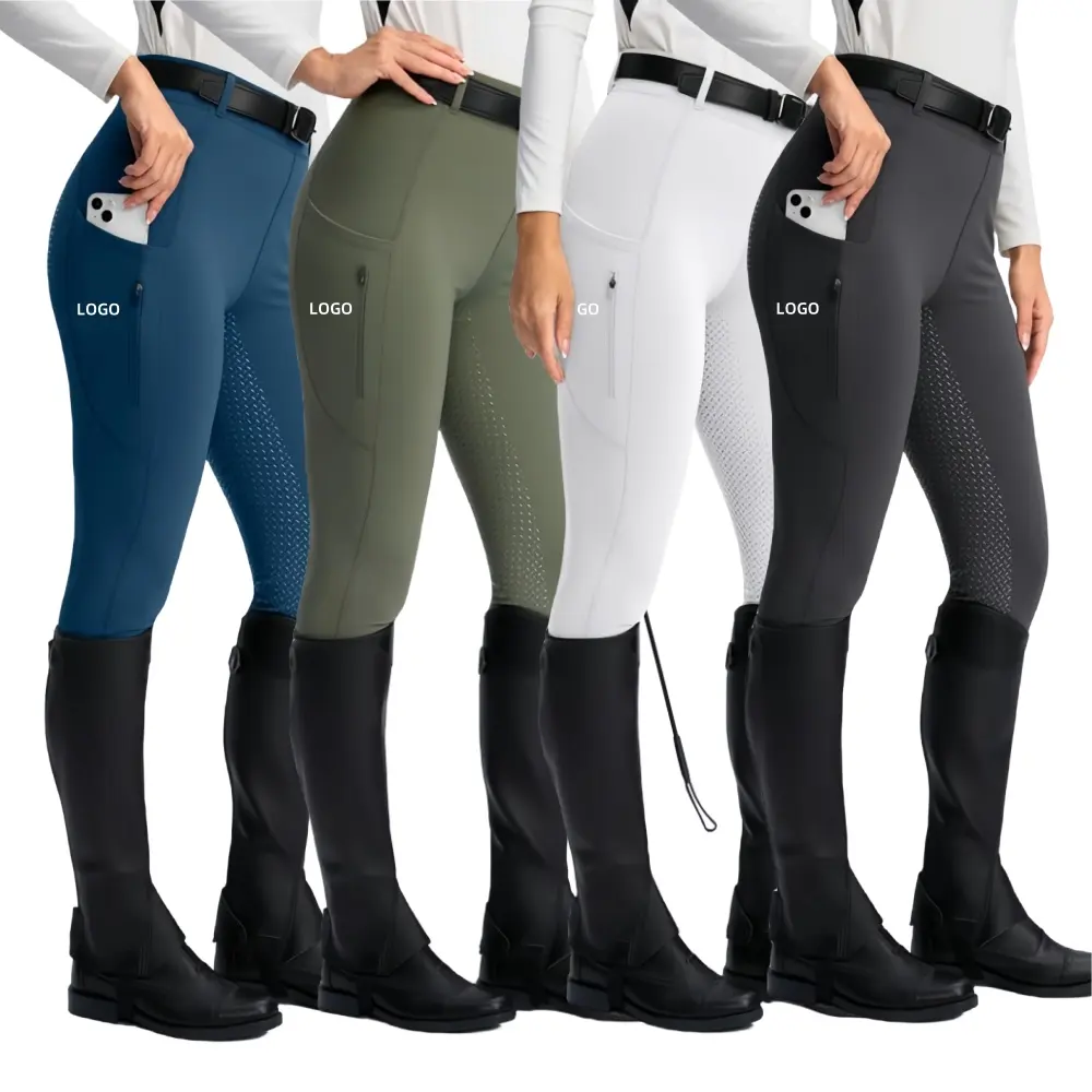 Pantalones de montar a caballo personalizados, mallas de moda con bolsillo y cremallera, mallas de silicona para asiento completo, mallas escolares ecuestres para mujer