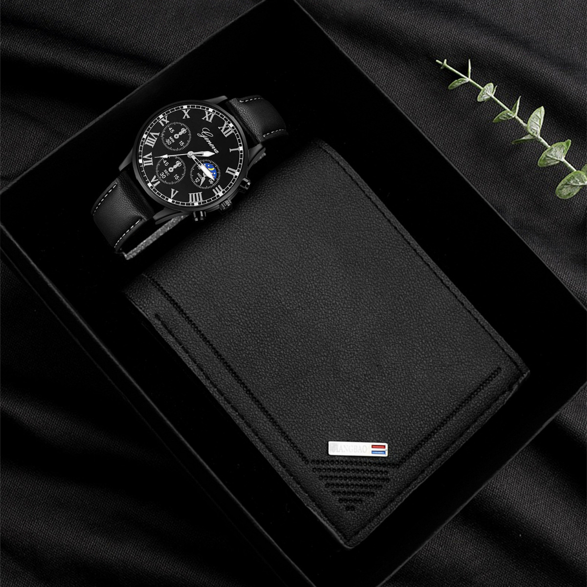 Montre noire + portefeuille + boîte cadeau
