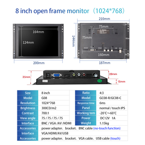 Marco abierto 8 pulgadas cuadrado pantalla industrial monitor montaje caja de metal BNC VGA AV entrada LCD Monitor para cámara
