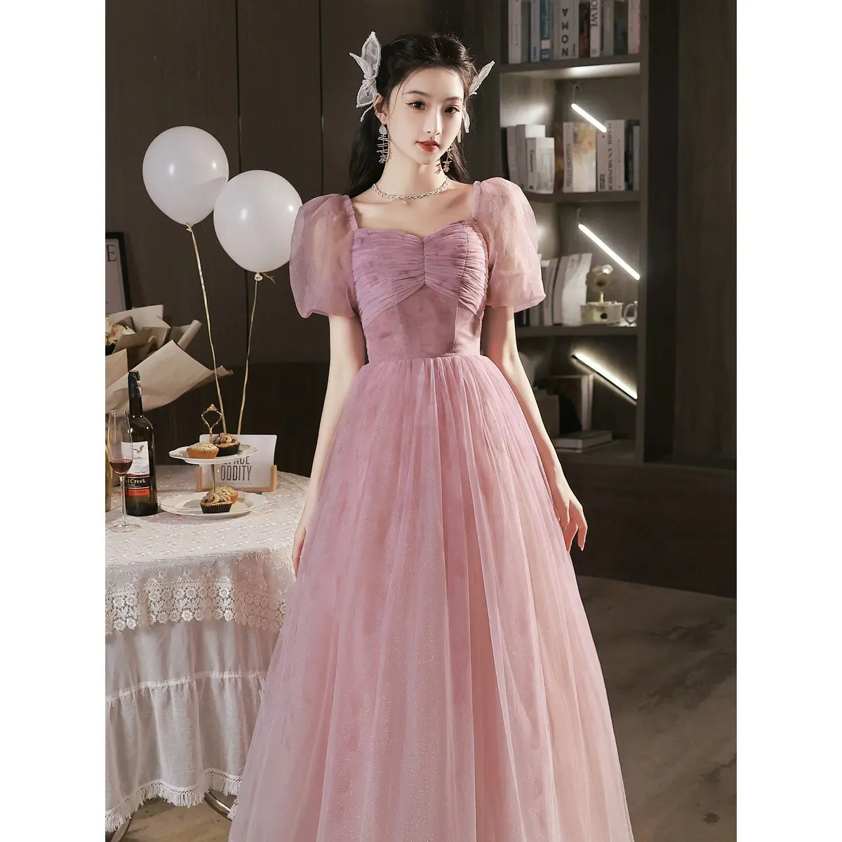 Nr gaun pesta malam wanita, Gaun lengan puff panjang elegan gaya manis merah muda untuk perempuan