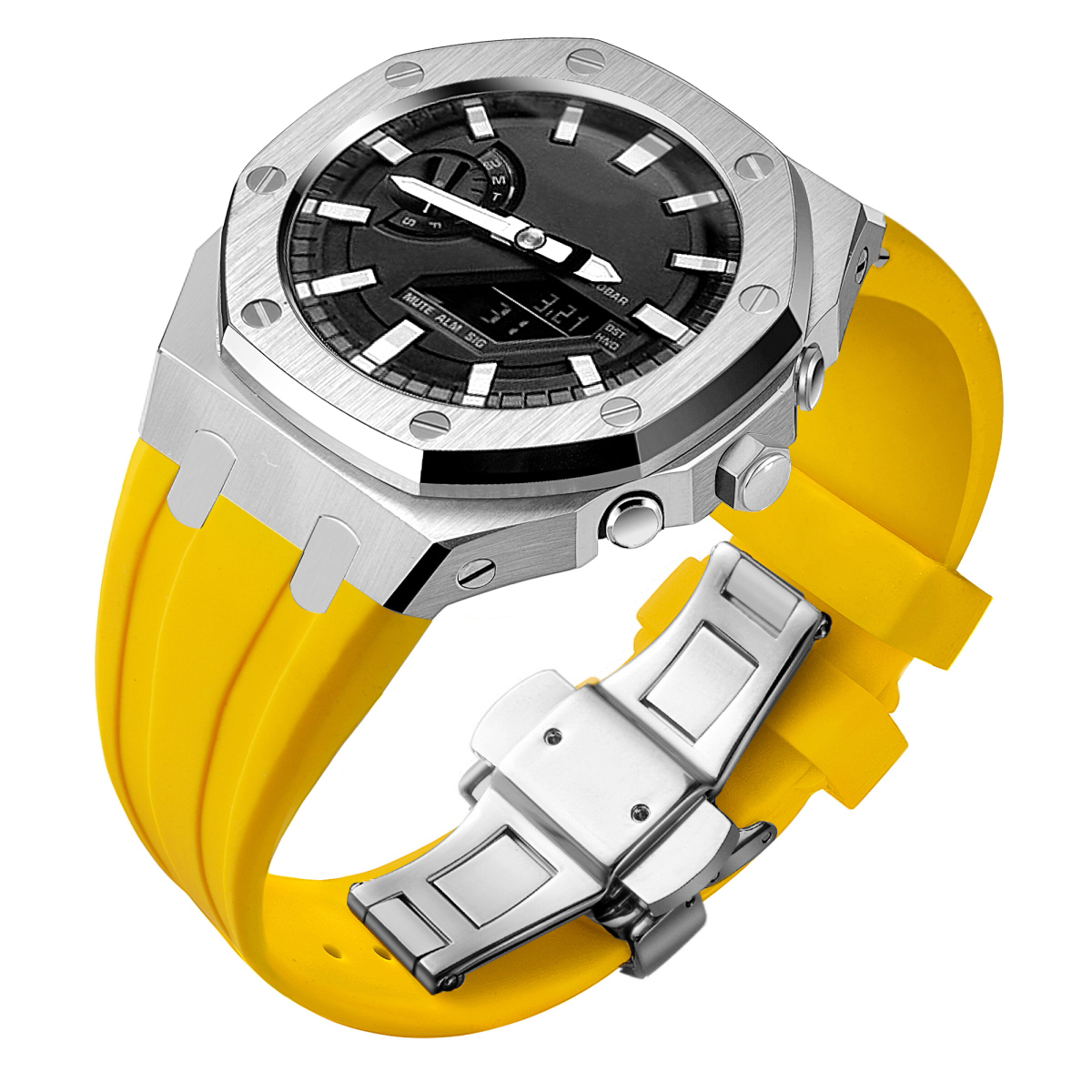 Boîtier argenté + bracelet jaune