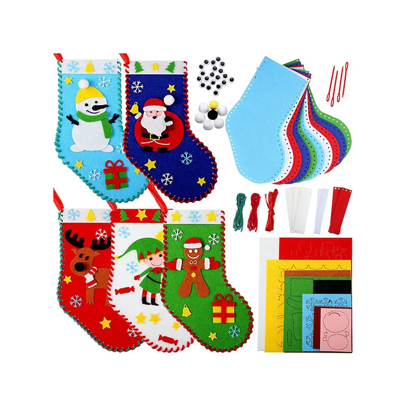 10 pièces 5 styles feutre artisanat de noël bricolage bas de feutre de noël à la main couture chaussette Kits avec ornements pour enfants