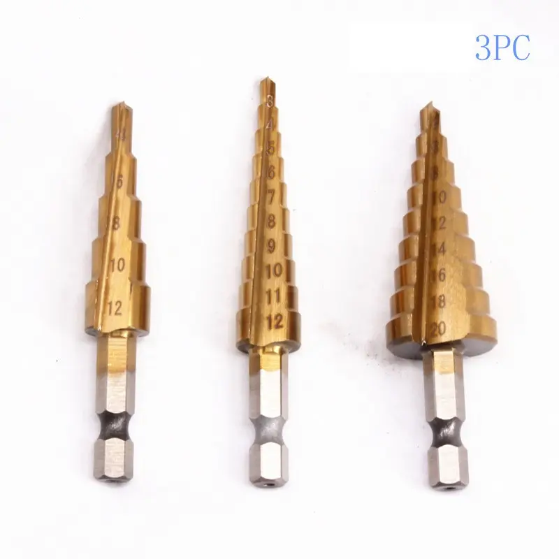 Chất Lượng Tốt HSS Dụng Cụ Điện HSS Gỗ Kim Loại Khoan 3PC Titanium Bước Khoan Bits 4-12 Mét 3-12 MÉT 4-20 Mét