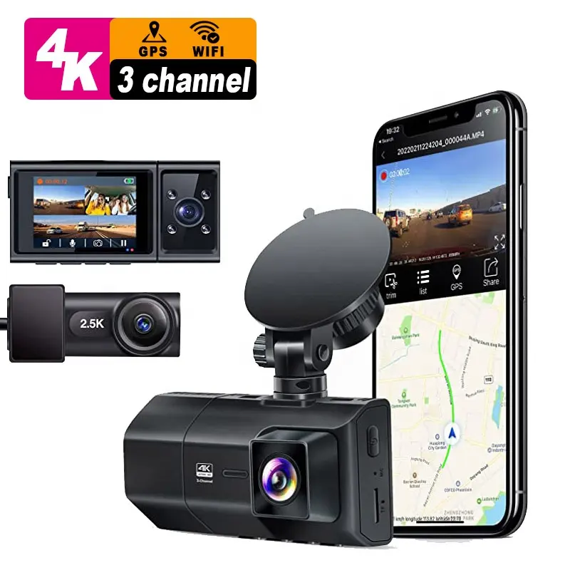 M600 câmera de ré de 3 canais dashcam, 4k, mini carro dvr, 3 canais, wi-fi, gps, frente e traseira, dentro de 3 lentes, 4k, dashcam
