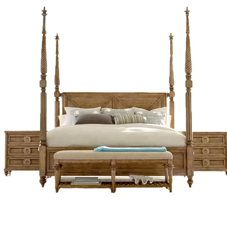 Muebles de dormitorio inteligentes de alta calidad, Estilo vintage, casa de campo francesa, marco de cama de cuatro póster de madera maciza