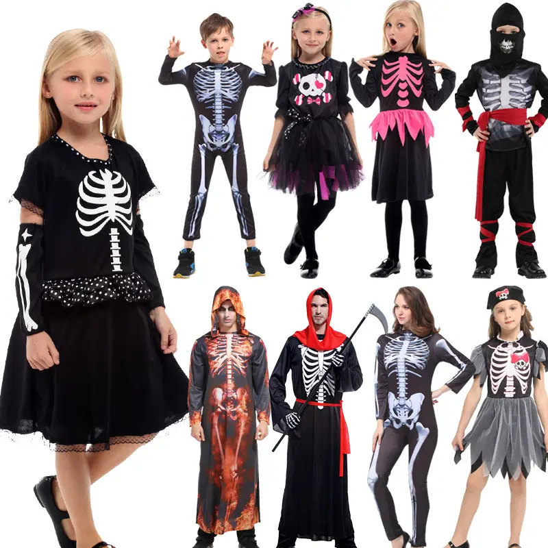 Ropa de Halloween para adultos y niños, disfraz de calavera de terror, fantasma, traje de vampireso, Zombi y muerte