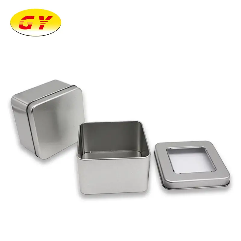 Lata de metal para relógio inteligente quadrada personalizada, recipiente de lata de chá preto pequeno e quadrado com janela, lata de lata