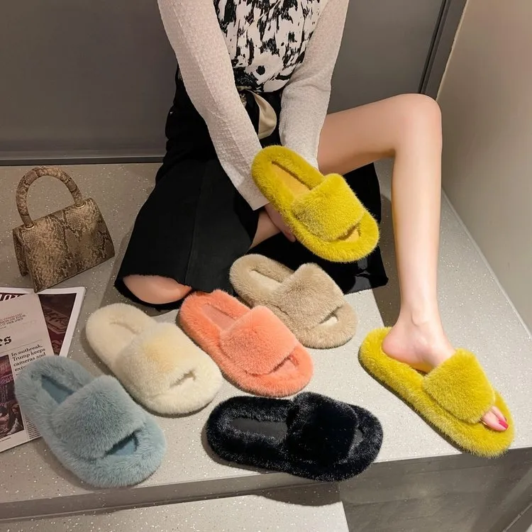 Casa Slides Pele De Pelúcia Macia Chinelos Peludos Open-toe Mulheres Antiderrapante Confortável Interior Sandálias Sliders